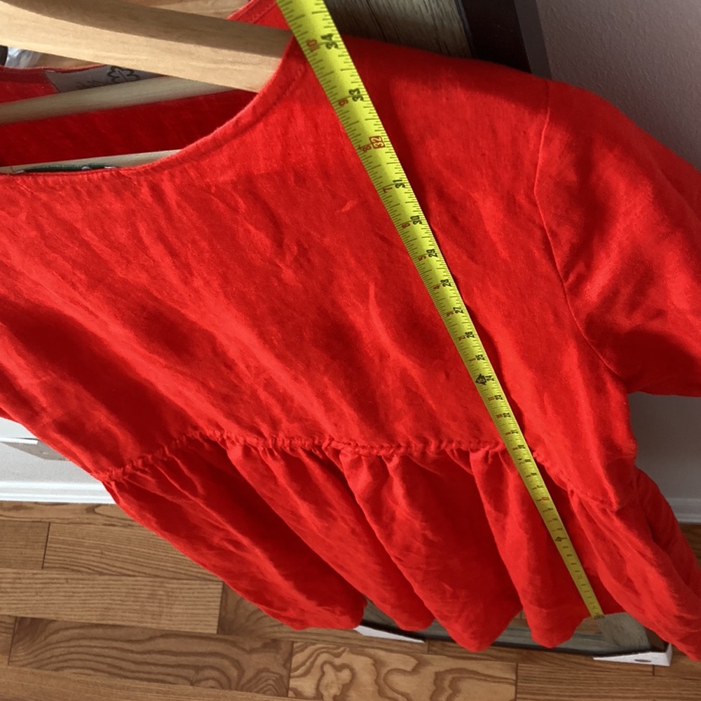 100% linen handmade red button front short sleeve cinch waist mini dress XS - Picture 7 of 9